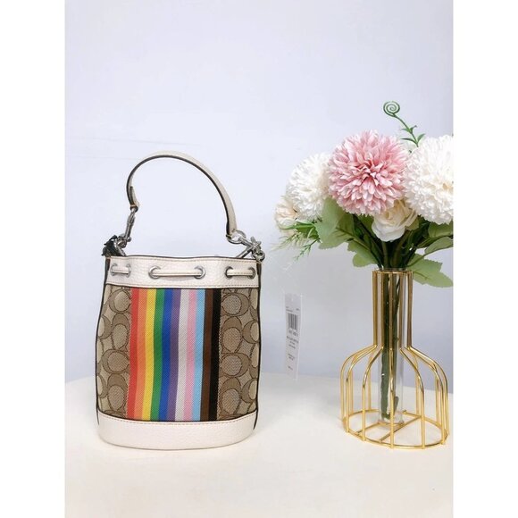 Coach CJ661 Mini Dempsey Bucket Bag In Signature Jacquard With Rainbow Stripe - Picture 2 of 6